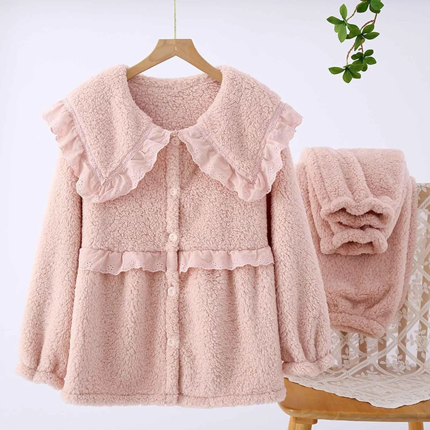 2 Piece Lounge Set Women Fall Fuzzy Pajiama Set Long Sleeve Fleece Button Loungewear Pants Set Fluffy Sleepwear