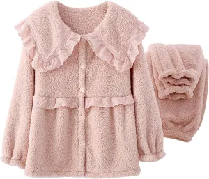 2 Piece Lounge Set Women Fall Fuzzy Pajiama Set Long Sleeve Fleece Button Loungewear Pants Set Fluffy Sleepwear