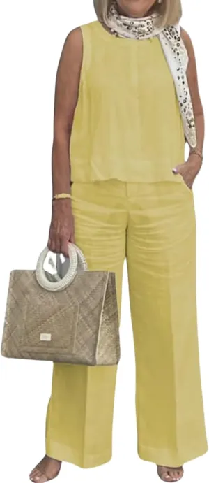 2 Piece Outfits for Women Summer Cotton Linen Sets Sleeveless Tank Tops and Wide Leg Pants Lounge Sets with Pockets