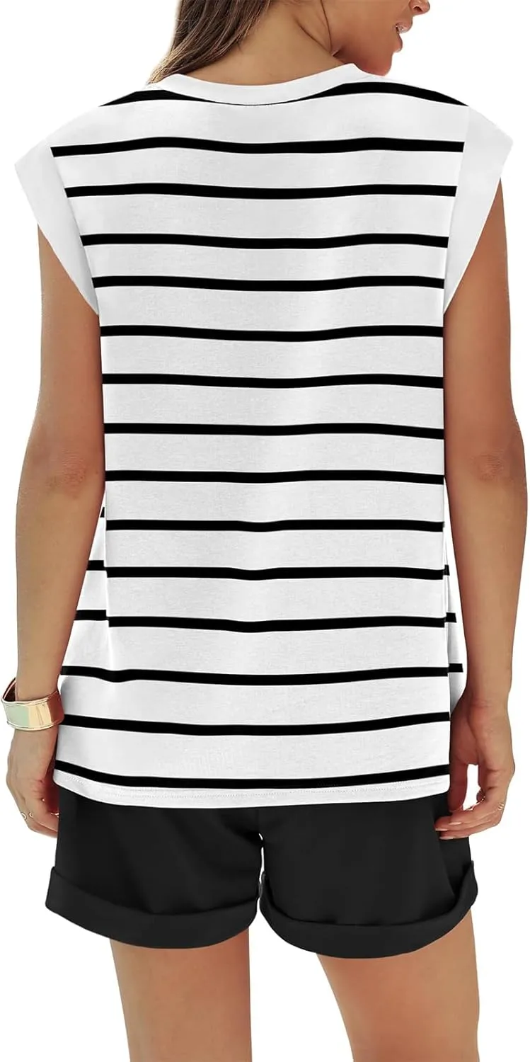 2 Piece Sets for Women Summer Matching Lounge Sets Cap Sleeve Striped Tops and Elastic Waisted Shorts Outfits