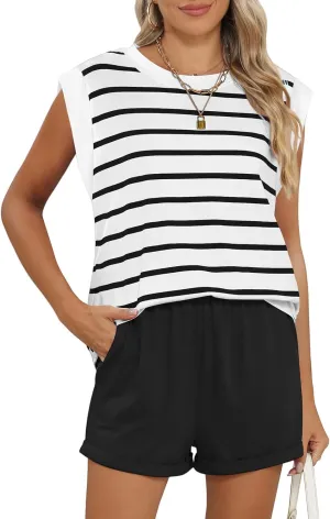 2 Piece Sets for Women Summer Matching Lounge Sets Cap Sleeve Striped Tops and Elastic Waisted Shorts Outfits