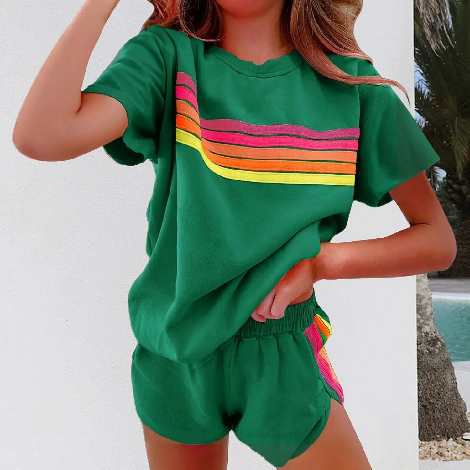 2 Piece Sets for Women Summer Rainbow Striped Lounge Sets Casual Short Sleeve Tops Matching Runner Shorts Outfits