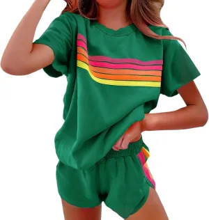 2 Piece Sets for Women Summer Rainbow Striped Lounge Sets Casual Short Sleeve Tops Matching Runner Shorts Outfits