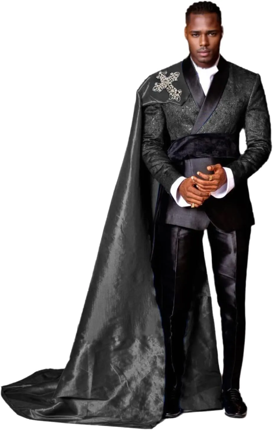 3 Piece Slim Fit Prom Suits for Men Floral Blazer Pants Detachable Satin Capes Shawl Collar Tuxedo Set