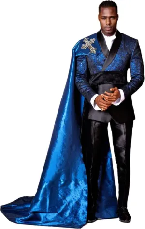 3 Piece Slim Fit Prom Suits for Men Floral Blazer Pants Detachable Satin Capes Shawl Collar Tuxedo Set