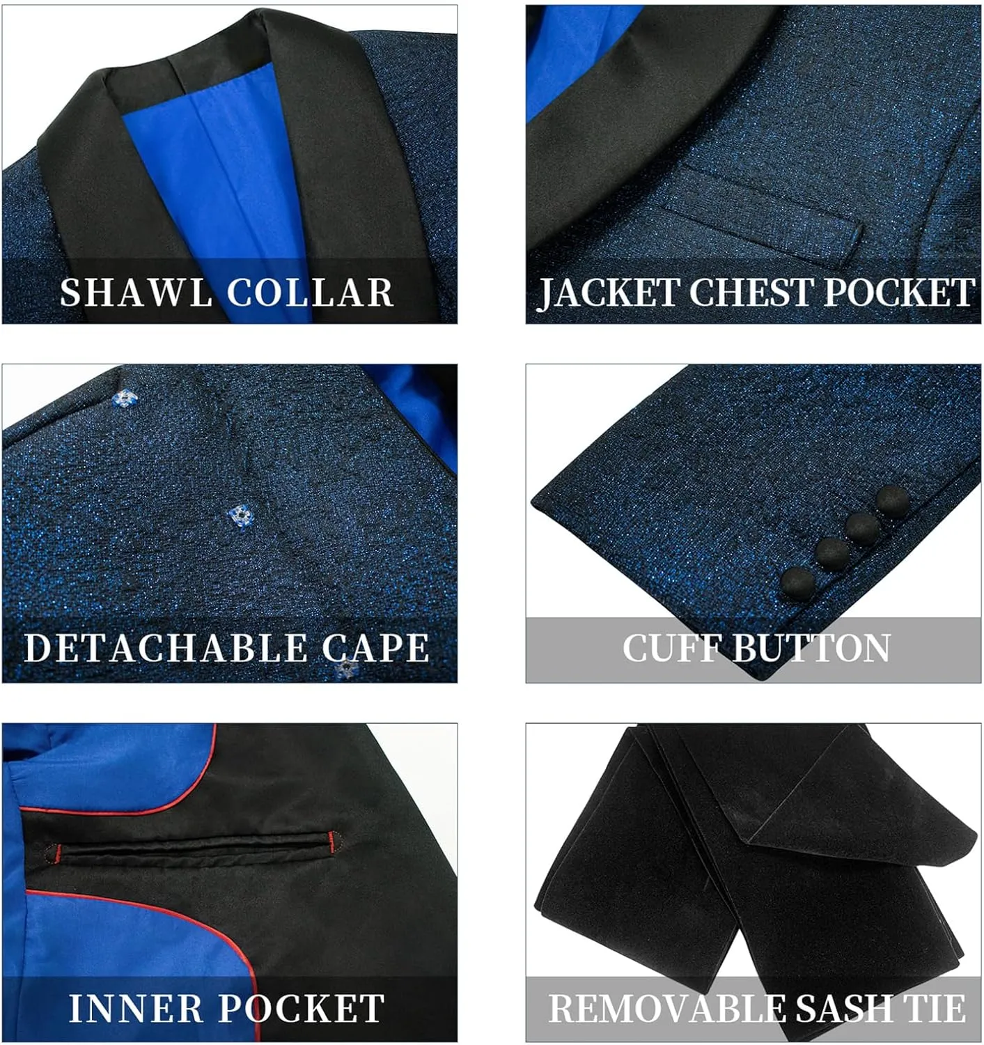 3 Piece Slim Fit Prom Suits for Men Floral Blazer Pants Detachable Satin Capes Shawl Collar Tuxedo Set