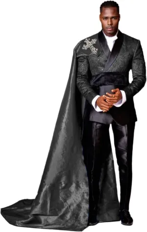 3 Piece Slim Fit Prom Suits for Men Floral Blazer Pants Detachable Satin Capes Shawl Collar Tuxedo Set