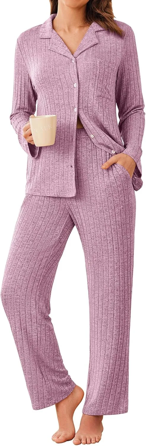 ACEVOG Womens Button Down Pajamas Set Long Sleeve Sleepwear Ribbed Knit Soft Pj Lounge Sets with Pockets