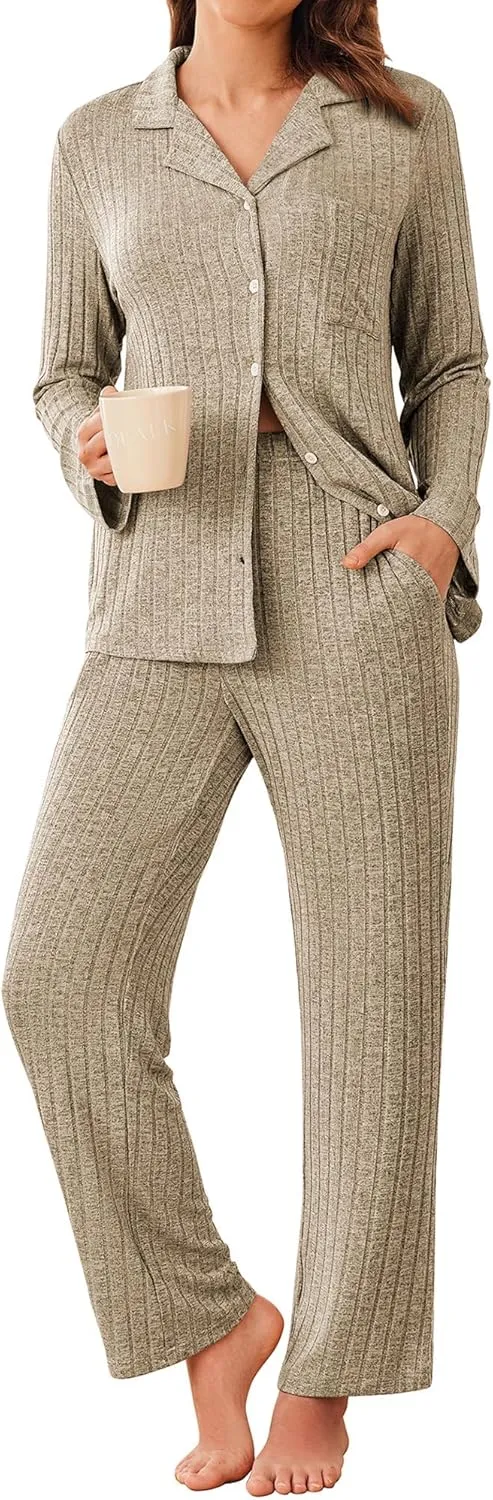 ACEVOG Womens Button Down Pajamas Set Long Sleeve Sleepwear Ribbed Knit Soft Pj Lounge Sets with Pockets
