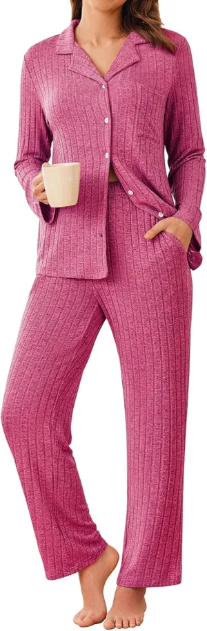 ACEVOG Womens Button Down Pajamas Set Long Sleeve Sleepwear Ribbed Knit Soft Pj Lounge Sets with Pockets