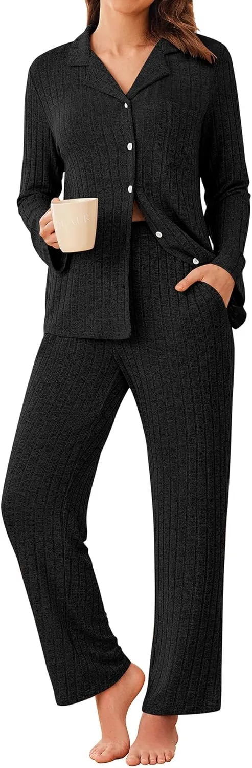 ACEVOG Womens Button Down Pajamas Set Long Sleeve Sleepwear Ribbed Knit Soft Pj Lounge Sets with Pockets