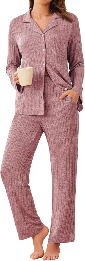 ACEVOG Womens Button Down Pajamas Set Long Sleeve Sleepwear Ribbed Knit Soft Pj Lounge Sets with Pockets
