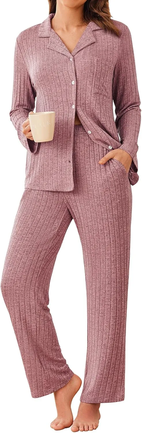 ACEVOG Womens Button Down Pajamas Set Long Sleeve Sleepwear Ribbed Knit Soft Pj Lounge Sets with Pockets