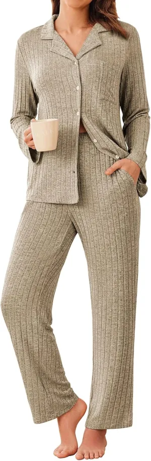 ACEVOG Womens Button Down Pajamas Set Long Sleeve Sleepwear Ribbed Knit Soft Pj Lounge Sets with Pockets