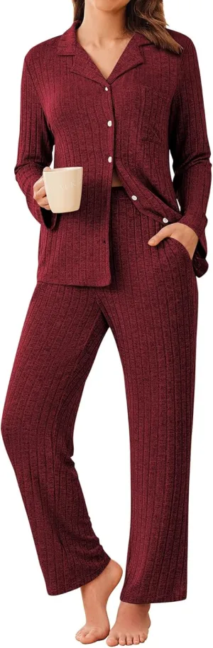 ACEVOG Womens Button Down Pajamas Set Long Sleeve Sleepwear Ribbed Knit Soft Pj Lounge Sets with Pockets