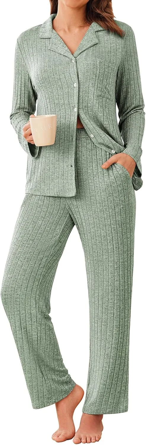 ACEVOG Womens Button Down Pajamas Set Long Sleeve Sleepwear Ribbed Knit Soft Pj Lounge Sets with Pockets