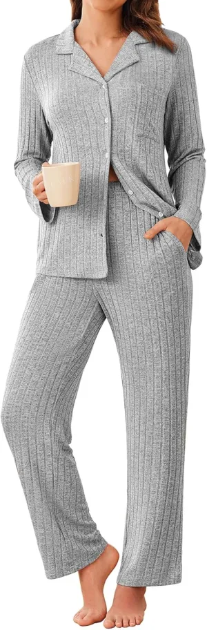 ACEVOG Womens Button Down Pajamas Set Long Sleeve Sleepwear Ribbed Knit Soft Pj Lounge Sets with Pockets