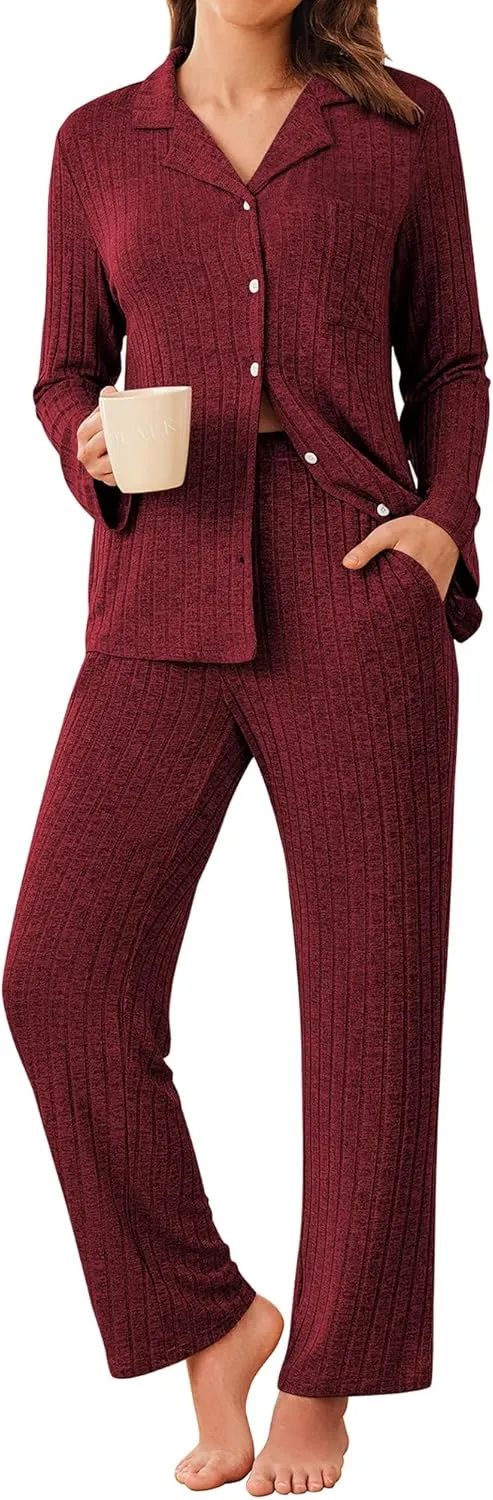 ACEVOG Womens Button Down Pajamas Set Long Sleeve Sleepwear Ribbed Knit Soft Pj Lounge Sets with Pockets