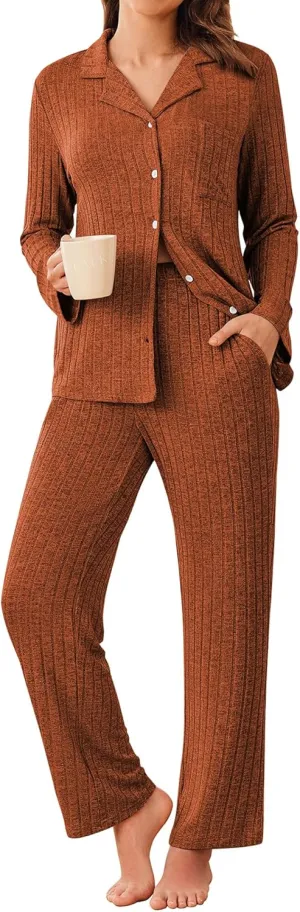 ACEVOG Womens Button Down Pajamas Set Long Sleeve Sleepwear Ribbed Knit Soft Pj Lounge Sets with Pockets