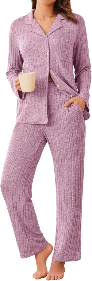 ACEVOG Womens Button Down Pajamas Set Long Sleeve Sleepwear Ribbed Knit Soft Pj Lounge Sets with Pockets