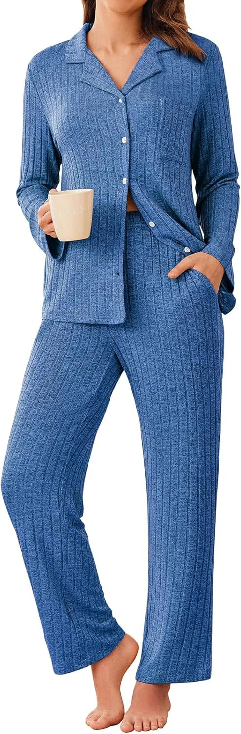 ACEVOG Womens Button Down Pajamas Set Long Sleeve Sleepwear Ribbed Knit Soft Pj Lounge Sets with Pockets