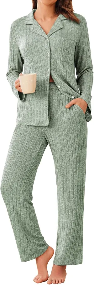 ACEVOG Womens Button Down Pajamas Set Long Sleeve Sleepwear Ribbed Knit Soft Pj Lounge Sets with Pockets
