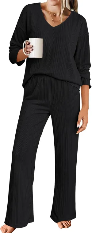 ACEVOG Womens Ribbed Knit Lounge Set V Neck Long Sleeve Top and Longs Sleepwear Pajama Set Two Piece Outfits Set