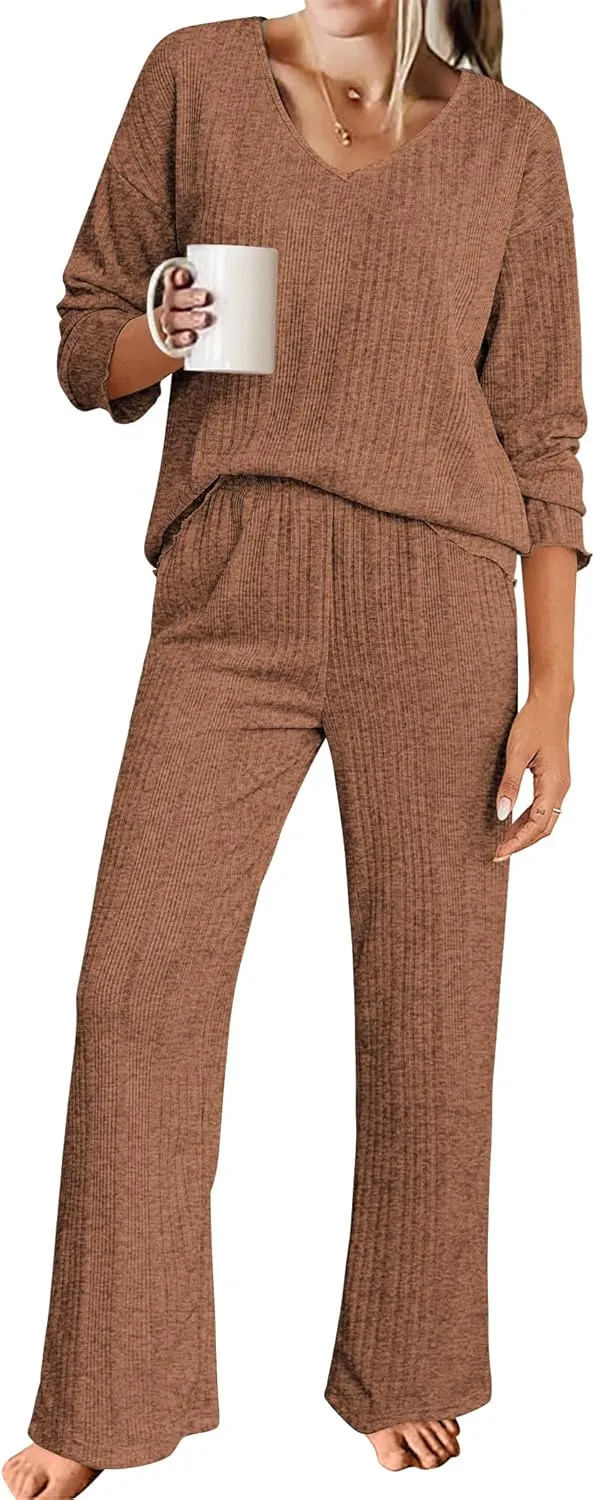 ACEVOG Womens Ribbed Knit Lounge Set V Neck Long Sleeve Top and Longs Sleepwear Pajama Set Two Piece Outfits Set