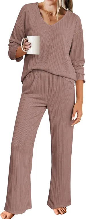 ACEVOG Womens Ribbed Knit Lounge Set V Neck Long Sleeve Top and Longs Sleepwear Pajama Set Two Piece Outfits Set