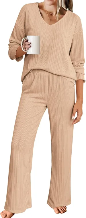 ACEVOG Womens Ribbed Knit Lounge Set V Neck Long Sleeve Top and Longs Sleepwear Pajama Set Two Piece Outfits Set