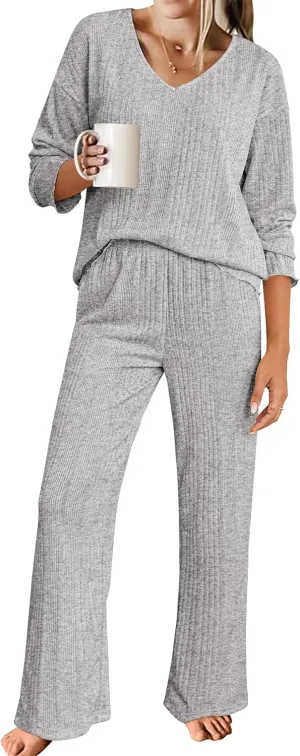 ACEVOG Womens Ribbed Knit Lounge Set V Neck Long Sleeve Top and Longs Sleepwear Pajama Set Two Piece Outfits Set