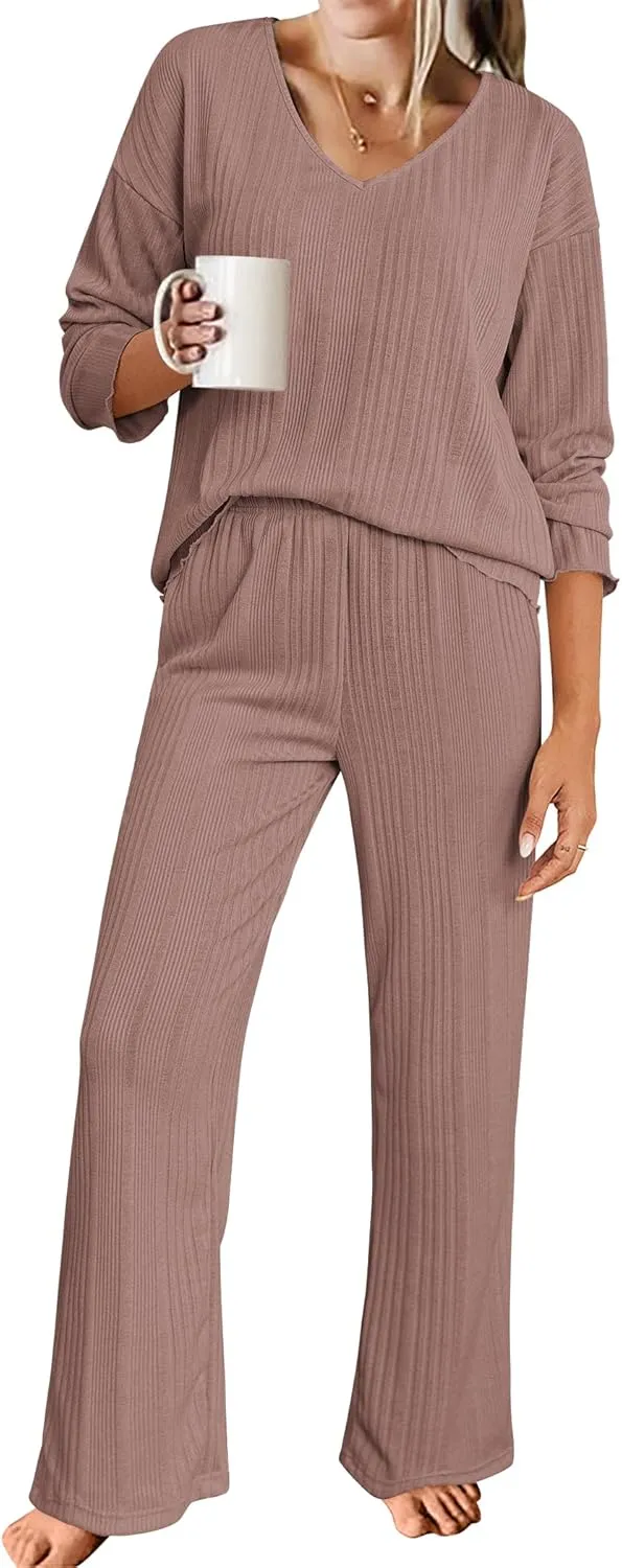 ACEVOG Womens Ribbed Knit Lounge Set V Neck Long Sleeve Top and Longs Sleepwear Pajama Set Two Piece Outfits Set