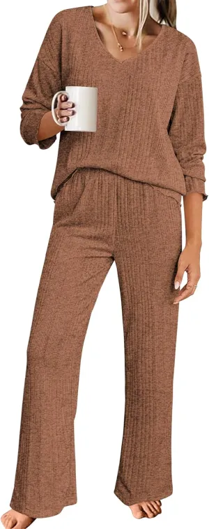 ACEVOG Womens Ribbed Knit Lounge Set V Neck Long Sleeve Top and Longs Sleepwear Pajama Set Two Piece Outfits Set