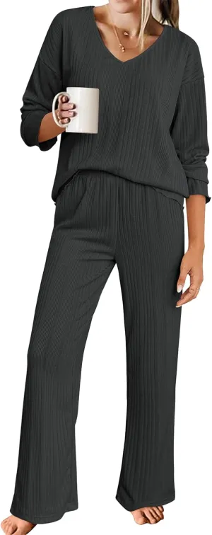 ACEVOG Womens Ribbed Knit Lounge Set V Neck Long Sleeve Top and Longs Sleepwear Pajama Set Two Piece Outfits Set
