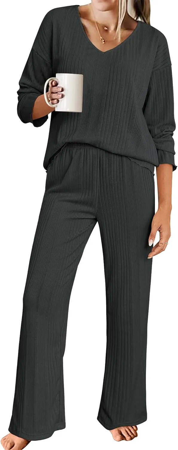ACEVOG Womens Ribbed Knit Lounge Set V Neck Long Sleeve Top and Longs Sleepwear Pajama Set Two Piece Outfits Set