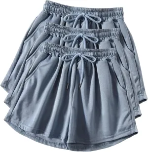 Active Shorts for Women 3PC Shorts Elastic High Waisted Drawstring Shorts Lightweight Sports Shorts with Pocket