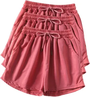 Active Shorts for Women 3PC Shorts Elastic High Waisted Drawstring Shorts Lightweight Sports Shorts with Pocket
