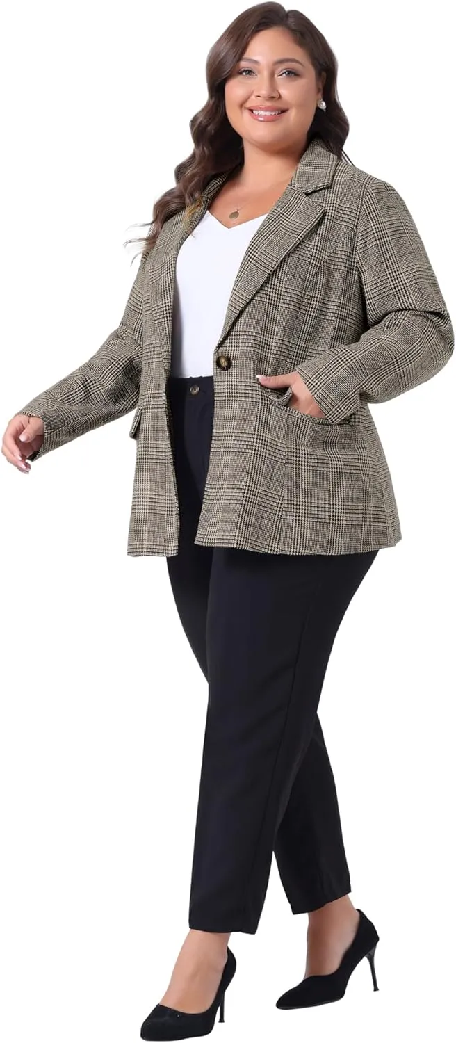 Agnes Orinda Blazers for Women Plus Size Plaid Notched Lapel Long Sleeve Business Casual Blazer Jackets
