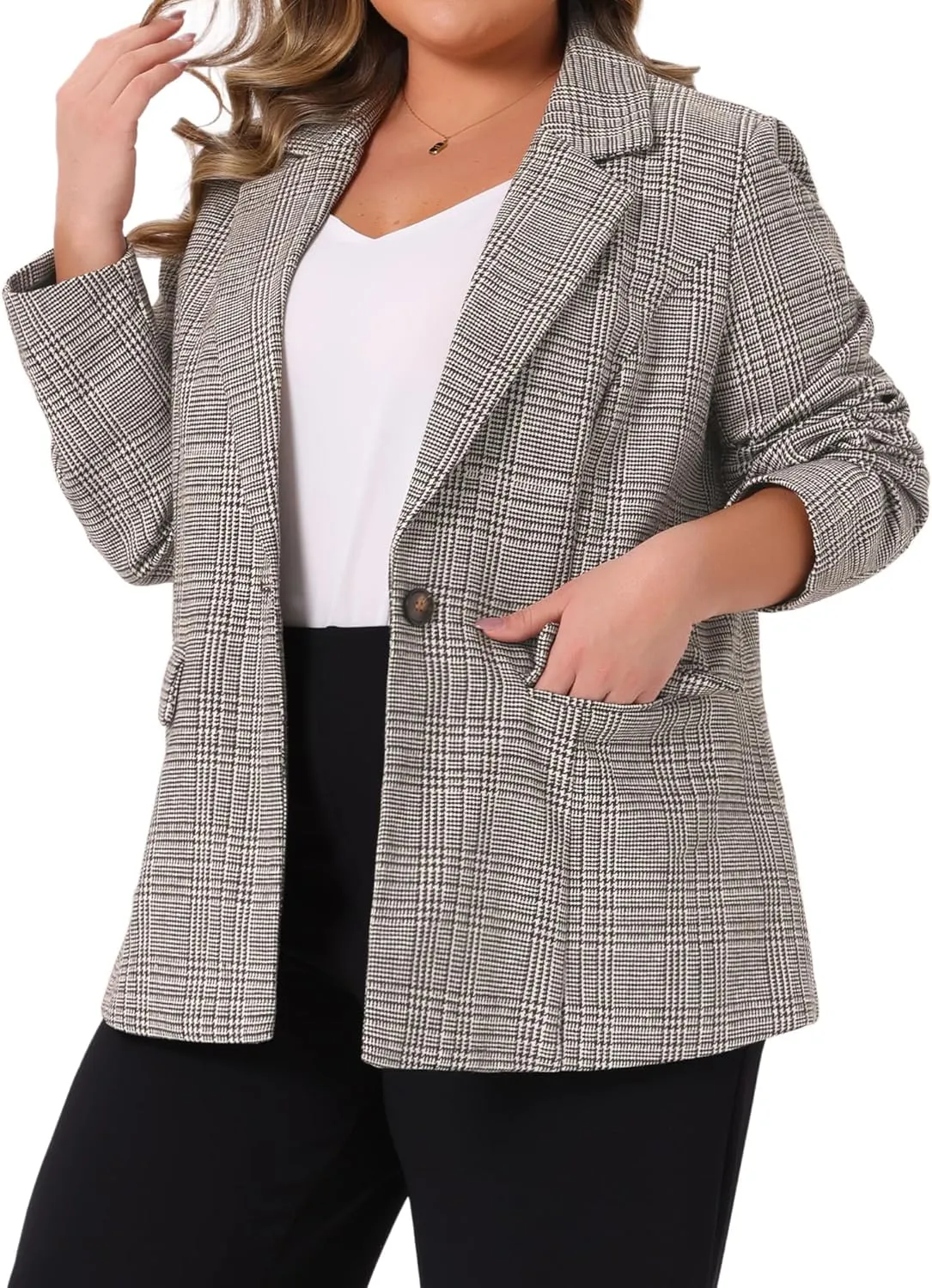 Agnes Orinda Blazers for Women Plus Size Plaid Notched Lapel Long Sleeve Business Casual Blazer Jackets