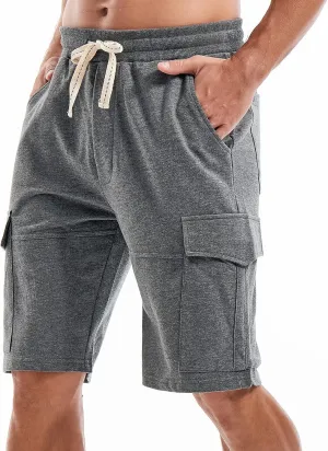 AMY COULEE Mens Cargo Shorts Cotton Casual Lounge Shorts Elastic Waist Workout Shorts with Multi-Pockets