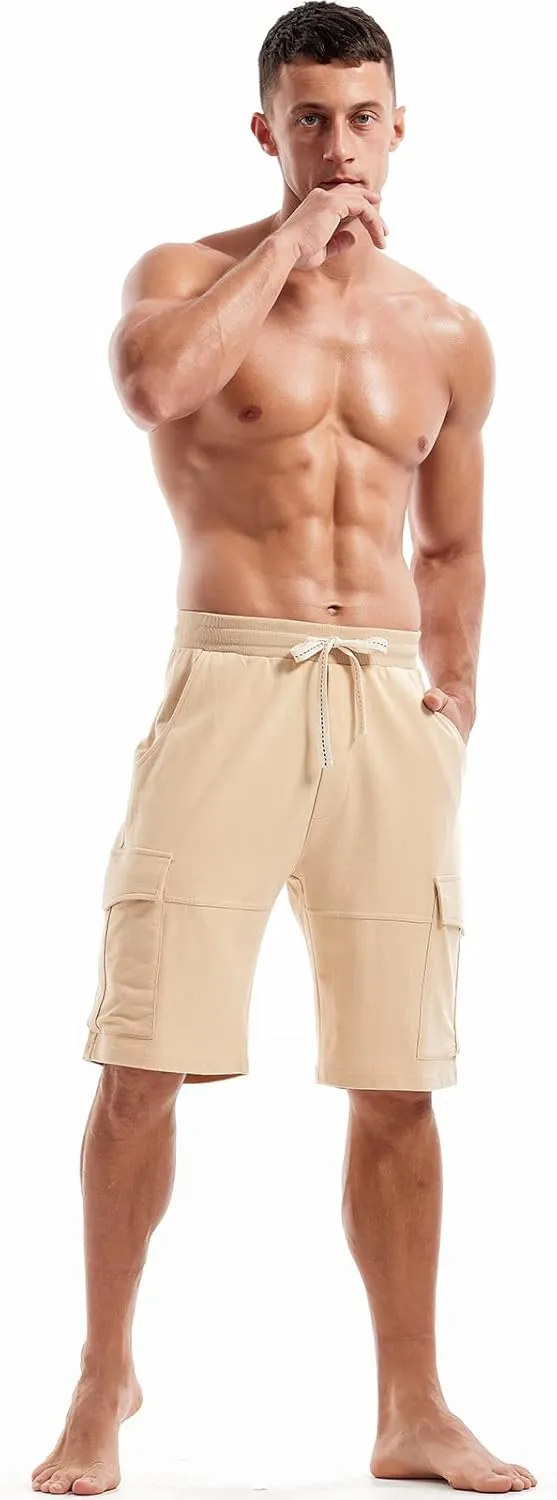 AMY COULEE Mens Cargo Shorts Cotton Casual Lounge Shorts Elastic Waist Workout Shorts with Multi-Pockets