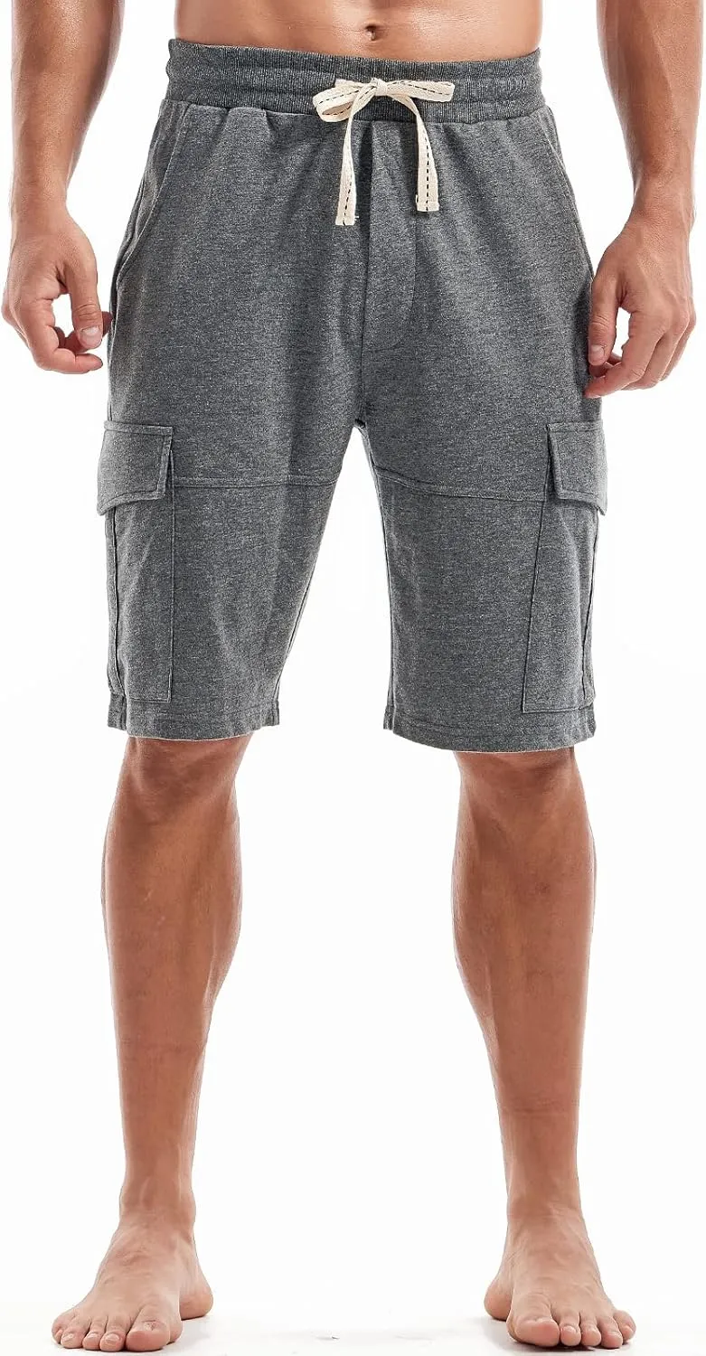 AMY COULEE Mens Cargo Shorts Cotton Casual Lounge Shorts Elastic Waist Workout Shorts with Multi-Pockets