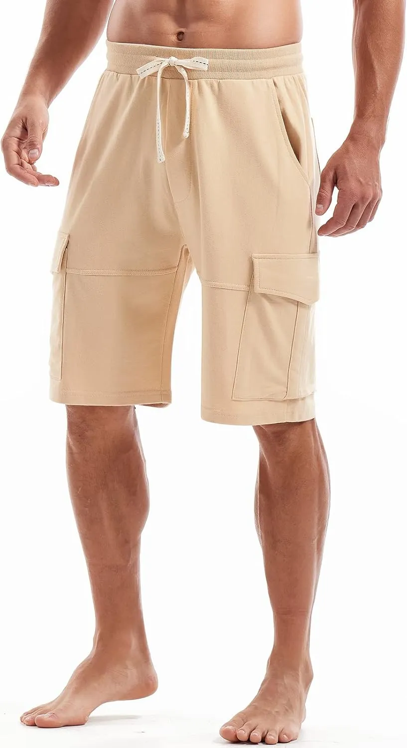 AMY COULEE Mens Cargo Shorts Cotton Casual Lounge Shorts Elastic Waist Workout Shorts with Multi-Pockets