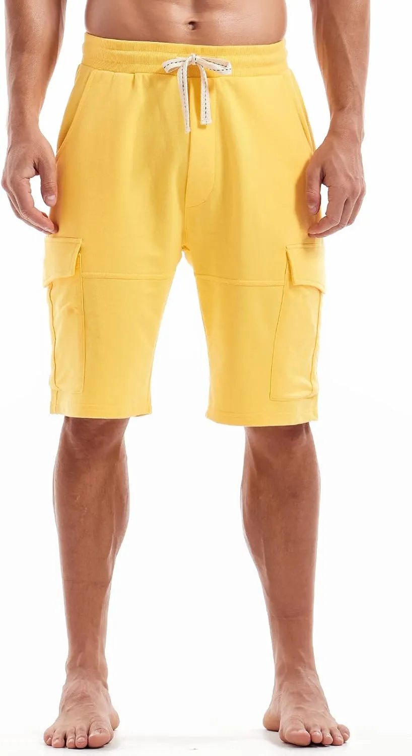 AMY COULEE Mens Cargo Shorts Cotton Casual Lounge Shorts Elastic Waist Workout Shorts with Multi-Pockets