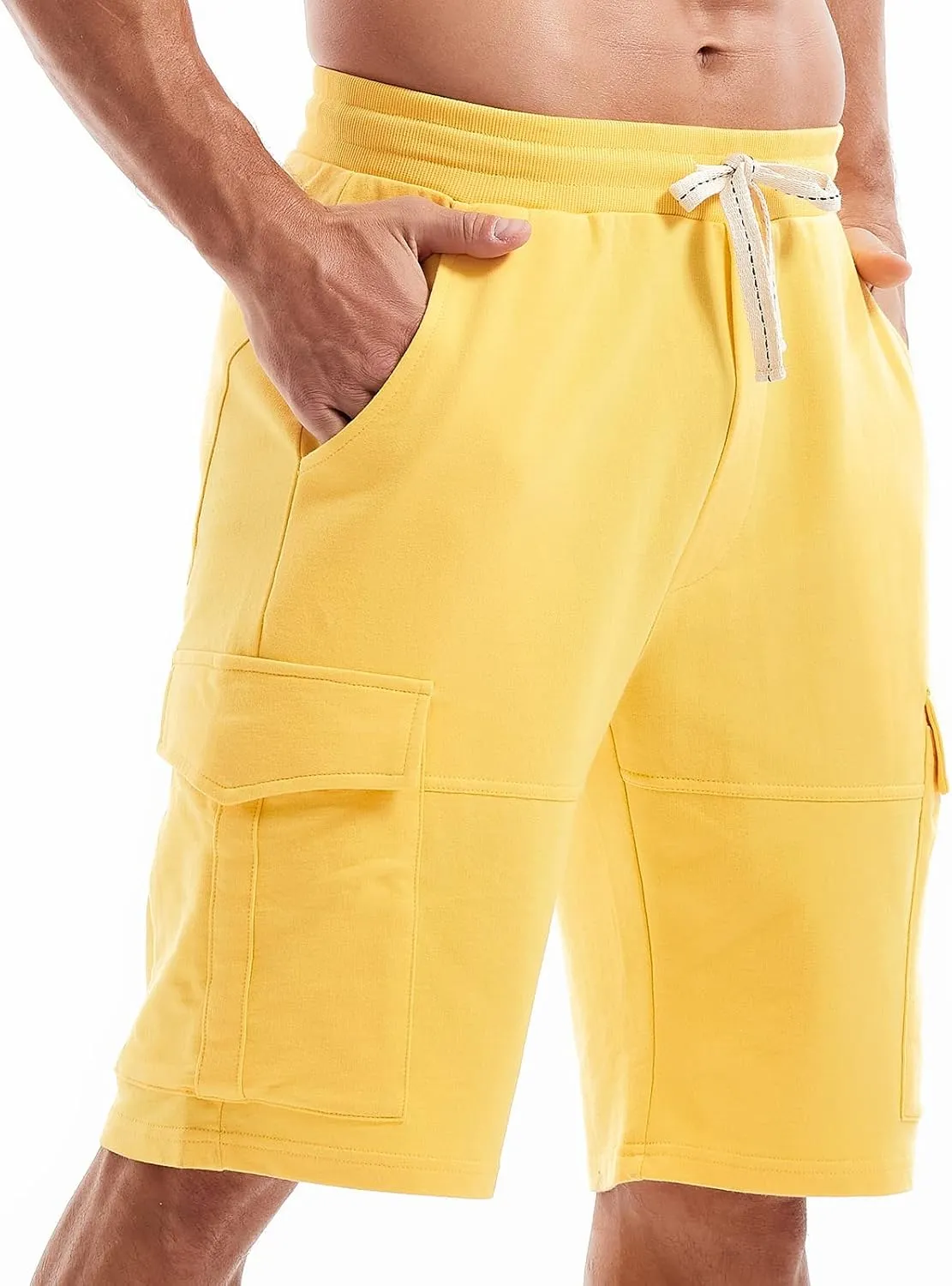 AMY COULEE Mens Cargo Shorts Cotton Casual Lounge Shorts Elastic Waist Workout Shorts with Multi-Pockets
