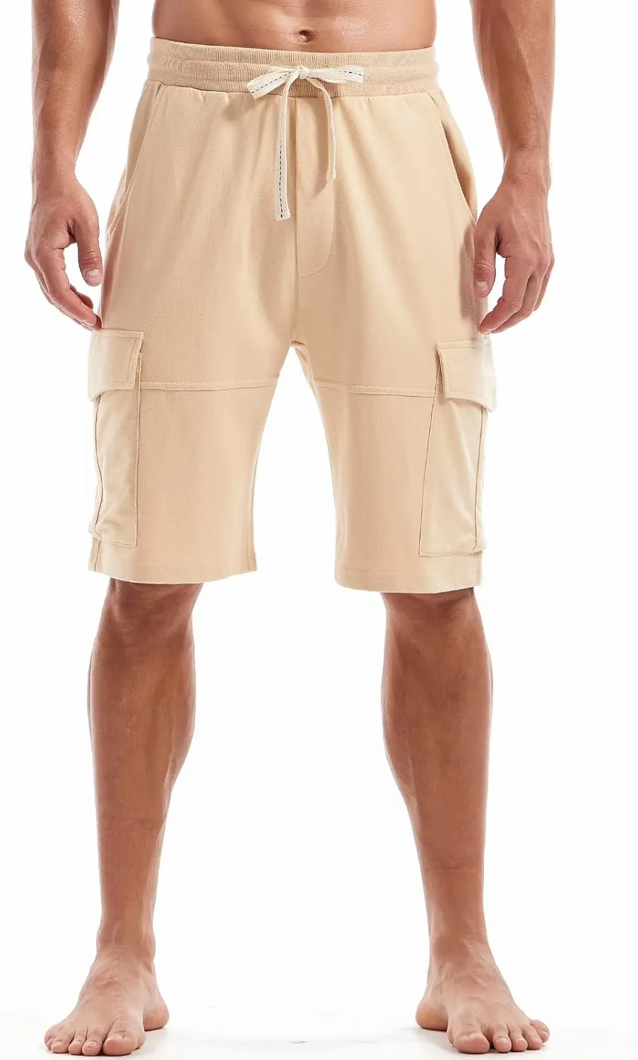 AMY COULEE Mens Cargo Shorts Cotton Casual Lounge Shorts Elastic Waist Workout Shorts with Multi-Pockets