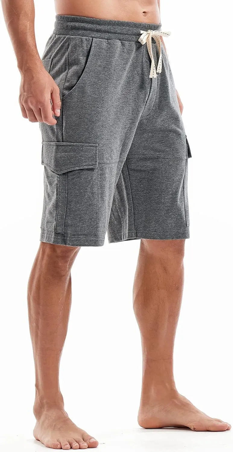 AMY COULEE Mens Cargo Shorts Cotton Casual Lounge Shorts Elastic Waist Workout Shorts with Multi-Pockets