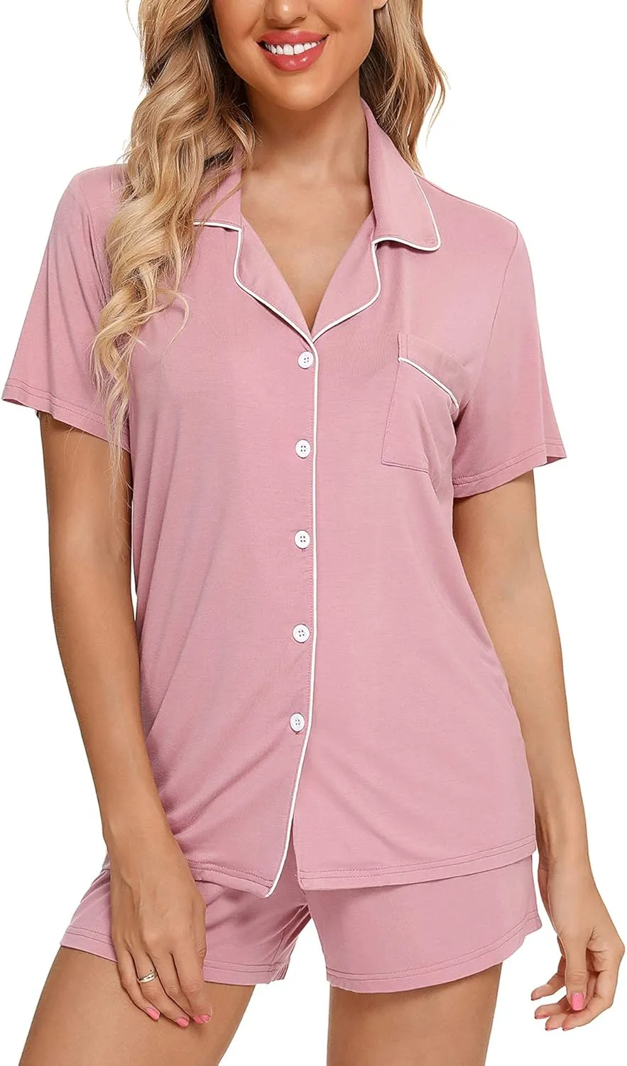Anjue Womens Pajamas Set Short Sleeve Sleepwear Button Down Nightwear Shorts Soft Pj Sets S-XXL