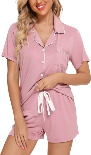 Anjue Womens Pajamas Set Short Sleeve Sleepwear Button Down Nightwear Shorts Soft Pj Sets S-XXL