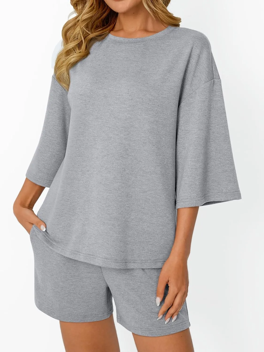 AUTOMET Womens Lounge Sets Two Piece Set Summer Outfits 2 Piece Pajama 3/4 Sleeve Oversized Tshirts Elastic Waist Short